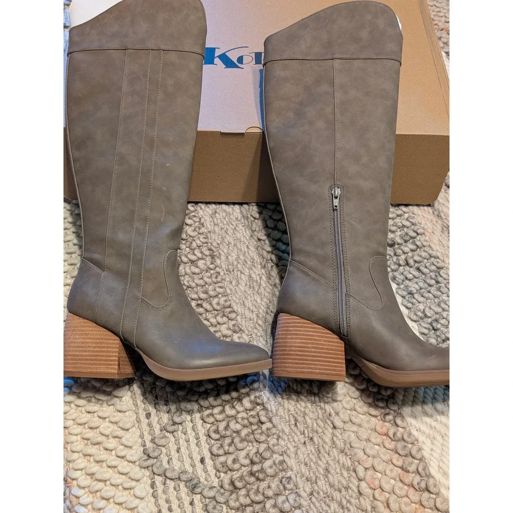 NIB Korks Womens Taupe Tall Knee High Block Heel Boots Almond Toe Size 7M
